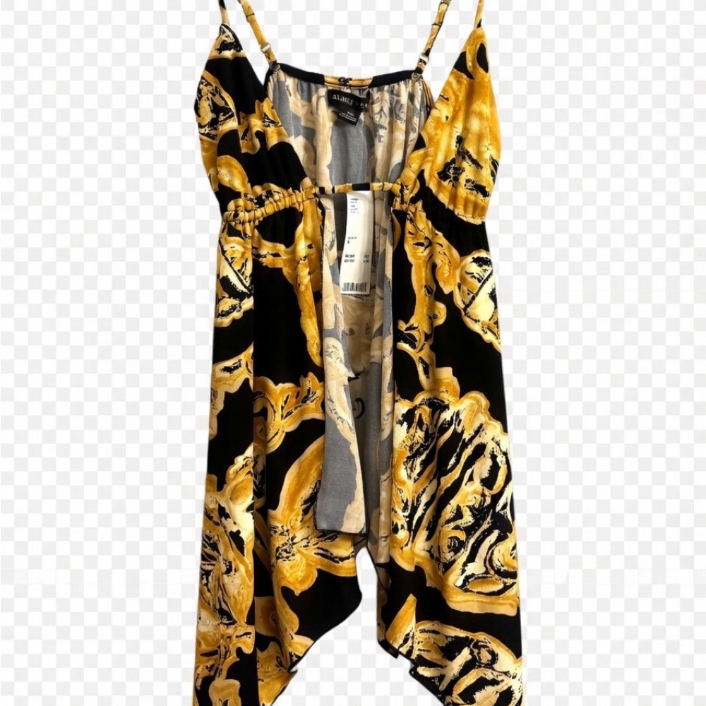 Silence + Noise Black Motif Gold Print Asymmetrical Hem Slip Dress M NWT